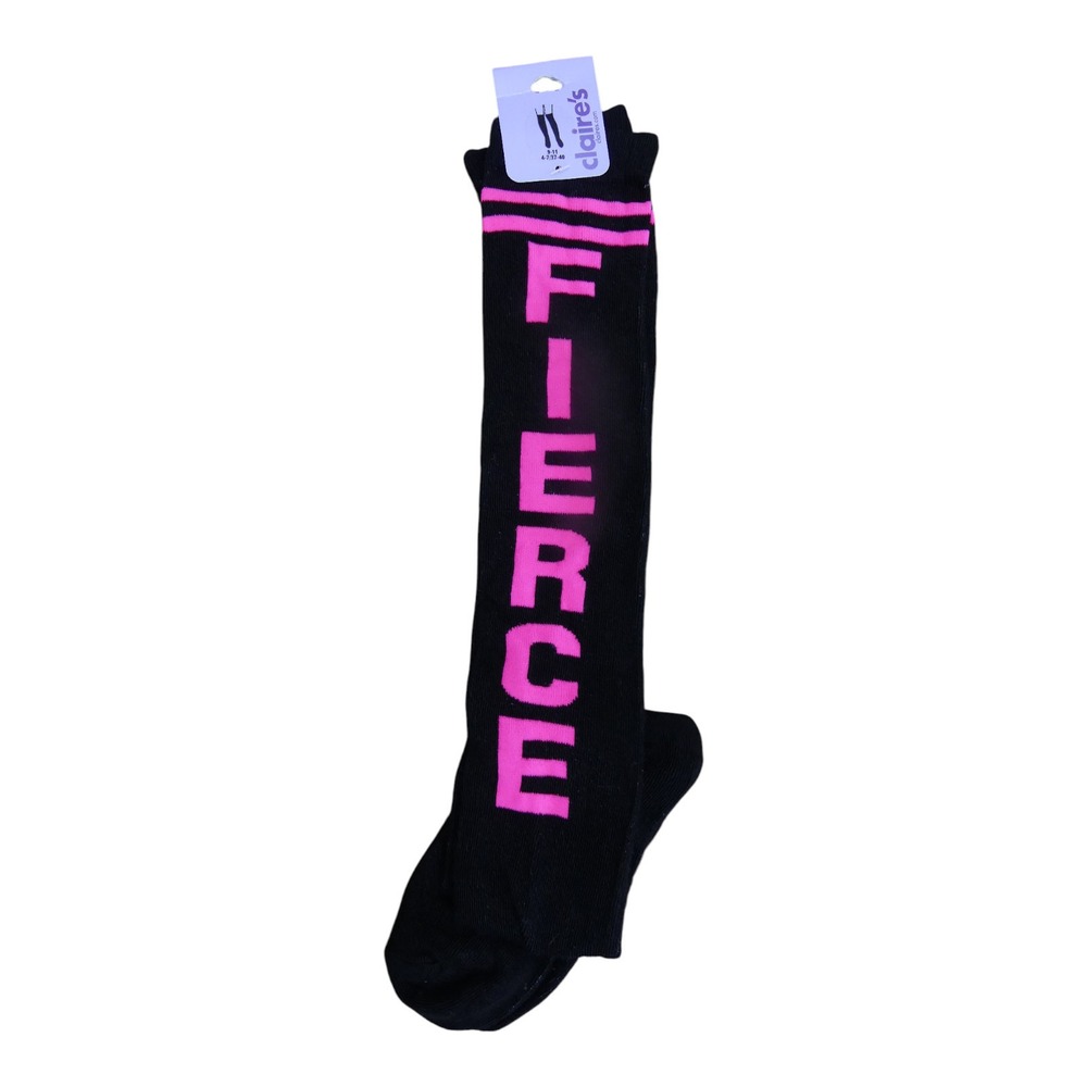 Claire's Knee High Socks Girls 9-11 Black Fierce Neon Pink Graphic Striped